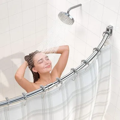 Obrázok produktu pre Ibenzoa® Nastaviteľná, zakrivená závesná tyč na záclony do sprchy, vyrobená z nehrdzavejúcej ocele, teleskopická, dĺžka 140–200 cm, s odstupom 23 cm, vrátane 18 oceľových krúžkov, nosnosť 15 kg
