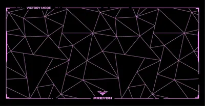 A black mousepad with a pink geometric pattern and branding.