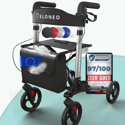 Productafbeelding van ELONEO inklapbare en lichte rollator met zitplaats, lichtgewicht reiskofferrolator van aluminium, loophulp met 8-voudige hoogteverstelling, inklapbaar in 3 standen