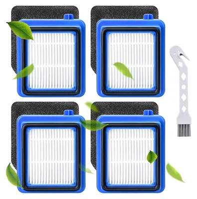 Four vacuum cleaner filters and a cleaning brush are arranged in a collage against a white background. Green leaves are scattered around the filters, suggesting freshness or a natural element.