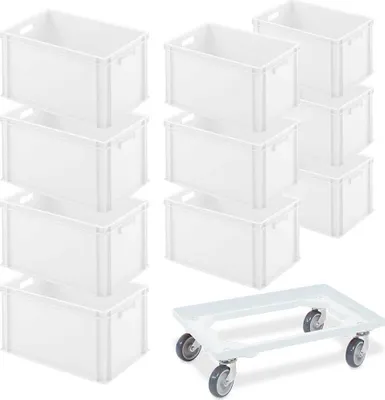 Produktbild von 10 Euroboxen mit 2 Durchfassgriffen, LxBxH 600 x 400 x 320 mm, weiß + 1 Transportroller