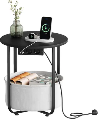 Produktbild von WOLTU Couchtisch rund mit Steckdose Abnehmbarer Korb Ø45×H50 cm : Schwarz+Grau Farbe: Schwarz+Grau