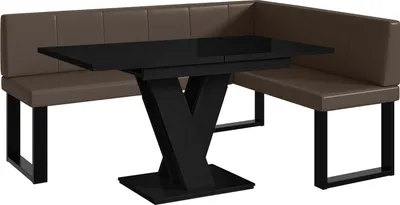 Produktbild von MEBLINI Eckbank für Esszimmer mit ausziehbarem Tisch - Küchenbank - Essecke - Sitzecke Küche - PETER - U-Beine 128x168x87cm Rechts - Braun Kunstleder/M Schwarz Hochgl.