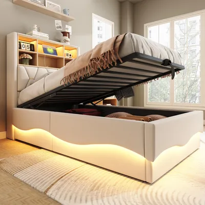 Produktbild von MODFU Kinderbett 180×200 mit Metall-Lattenrost,Polsterbett mit APP-gesteuertes LED-Lichtband USB-Ladeanschluss,Bett  mit hydraulischem Stauraum,Beige