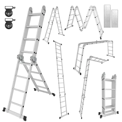Immagine prodotto di Eikuavons, scala multifunzione 7in1, con 4 gradini, altezza circa 470 cm / 4,7 metri, scala a sbarra in alluminio con 2 piattaforme, 2 ruote, portata massima 150 kg