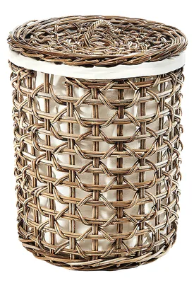 A wicker laundry basket with a lid and white liner, presented on a white background.