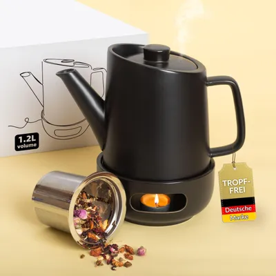 Produktbild von DEKAZIA® Teekanne mit Stövchen Porzellan | Teekanne mit Sieb | Tee Geschenkset Vintage Stoneware