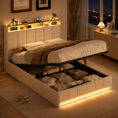 Immagine prodotto di Letto imbottito INONEFT, 140x190 cm, con illuminazione LED e prese USB, letto singolo per ragazzi con spazio contenitivo, testiera imbottita, letto a molle con sistema idraulico, colore beige, Immagine generata dall'IA