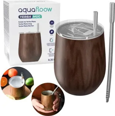 Obrázok produktu pre Hrnček Aquafloow Yerba Mate 355 ml z nehrdzavejúcej ocele, hnedý – dvojstenný termohrnček s viečkom, 2 slamkami a čistiacim prostriedkom