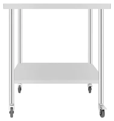 Produktbild von Arbeitstisch aus Edelstahl - 2-etagiger mobiler Zubereitungstisch - Edelstahl 201 - 76×60×85 cm - Plattenstärke 5 cm - Tragkraft 300 kg - 4 Rollen