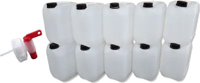 Produktbild von 10 Stück 10 Liter Kanister, Wasserkanister Farbe natur DIN51 + 1 Stück  Auslaufhahn (10x10knn51 + H.51)