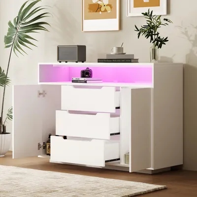 Obrázek produktu pro okwish moderní předsíňová skříň / sideboard se zásuvkami a policemi, obývací skříň / bufetová skříň se zaoblenými hranami, bílá