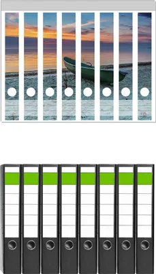 Produktbild von Wallario 8 Stück schmale Ordner inkl. Klebeetiketten mit Motive Einsames Fischerboot mit Anker am Strand -  Set mit Rückenschildern / Ordnerrücken Stickern