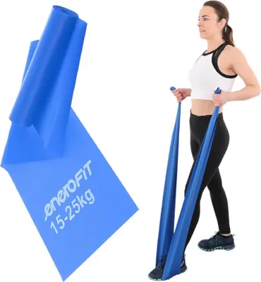 A woman is using a blue Pilates training band for exercise, with a close-up of the band showing branding and weight information.