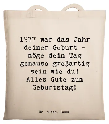 Produktbild von Mr. & Mrs. Panda Schultasche Spruch 1977 Geburtstag - Transparent - Geschenk, Geburtstagsfeier, Laptoptasche, Tasche, Feier, feiern, Shopping, Happy Birthday, Tote Bag