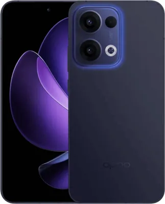 A dark blue smartphone is shown with its camera module prominently displayed. The screen shows a purple, abstract design.