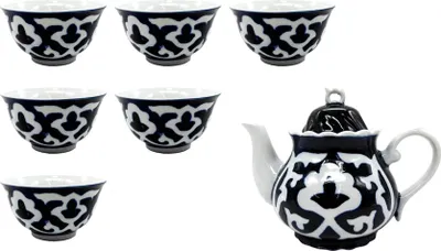 Produktbild von Teeservice Pahta Gül 7 Teilig 1 Teekanne 0,9 L + 6 Schalen Pialas weiß-blau Pachta Gul Porzellan