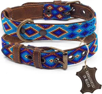 Produktbild von ALTEZAR Blaues Hundehalsband aus Leder Tribal Blau Handgemacht in Mexiko - Größe S