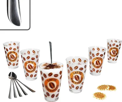 Produktbild von 12tlg Set Cremona Latte Macchiato Gläser orange + Twist Löffel L19cm 6 Personen