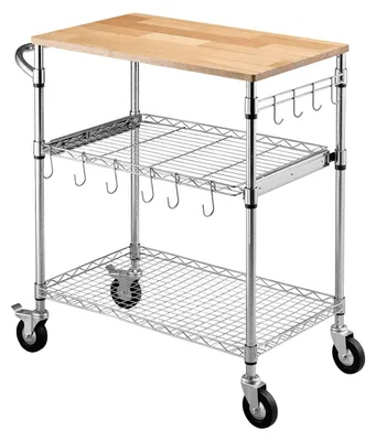 Produktbild von Küchenhelferwagen, 3-stufiges, robustes, verstellbares Drahtregal mit Holzablage und Handgriff, rollbarer, mobiler Servicewagen auf Rädern, 300 kg Stahl-Arbeitstisch, 76 x 46 x 91 cm