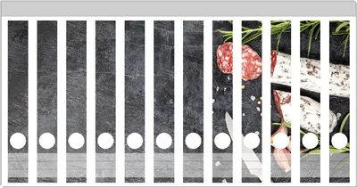 Produktbild von Wallario Ordnerrücken Sticker, selbstklebend für schmale Ordner, 12 Stück, Motiv Salami, Rosmarin und Knoblauch