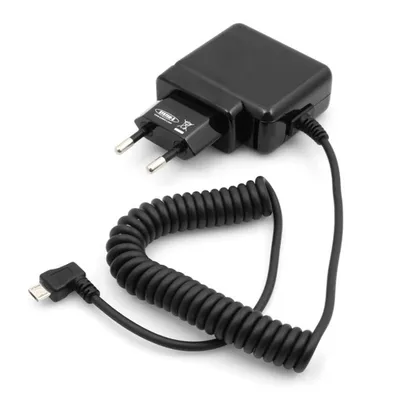 Zdjęcie produktu dla Ładowarka sieciowa System-S Micro USB z wtyczką kątową 90° i kablem spiralnym 30-135 cm 2A