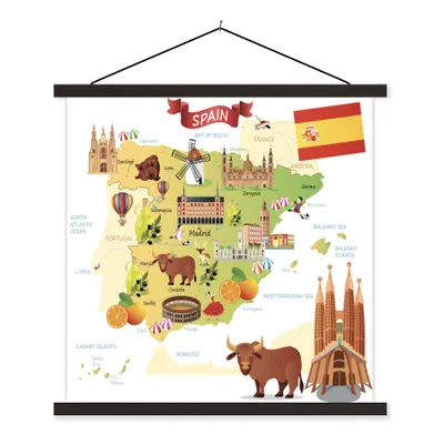 Produktbild von MuchoWow® Textilposter Illustrationen auf der Karte von Spanien 120x120 cm mit schwarzem Rahmen - Aufhängungsset