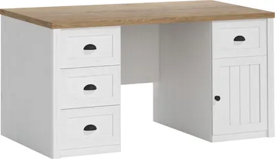 Produktbild von Furniture24 Schreibtisch 160 cm Prowansja B1 mit 3 Schubladen und Schrank Arbeitszimmer Büro Kiefer Weiß/Lefkas Eiche