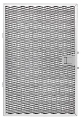 A close-up, front-facing view of a metal range hood filter.