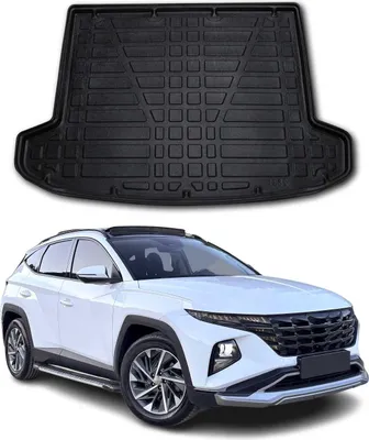 A black car trunk liner is shown above a white Hyundai Tucson car.