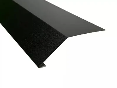 A black metal roof flashing piece is shown against a white background.