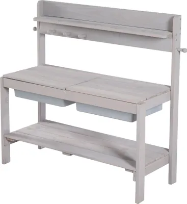 Produktbild von roba Outdoor-Gartenküche für Kinder 'Fun' mit Schürze - Matschküche aus Holz mit abnehmbarer Abdeckung, 2 Kunststoff-Wannen und Ablage