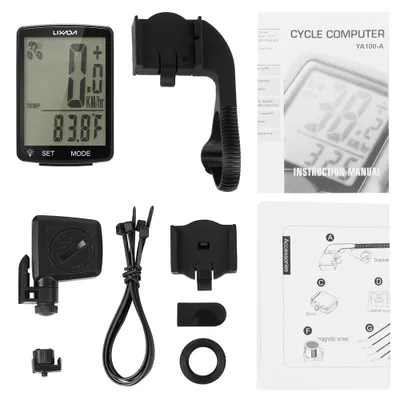 Produktbild von Fahrradcomputer, 2,8 Zoll großes LCD-Display, kabellos, superhelles LED-Nachtlicht, Modell: YA100-A, schwarzes Gehäuse mit grüner Beleuchtung