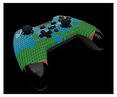 A video game controller with a colorful, pixelated landscape design.