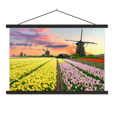 Produktbild von MuchoWow® Textilposter Windmühle - Tulpen - Blumen - Niederlande 60x40 cm mit schwarzem Rahmen - Hölzernes