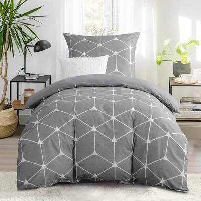 Zdjęcie produktu dla Komplet pościeli 155x220 cm, 2-częściowy, jasnoszary, geometryczny wzór, wykonany z mikrofibry, z zamkiem błyskawicznym