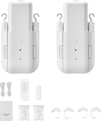 A set of two automatic curtain openers and their accessories are displayed on a white background.