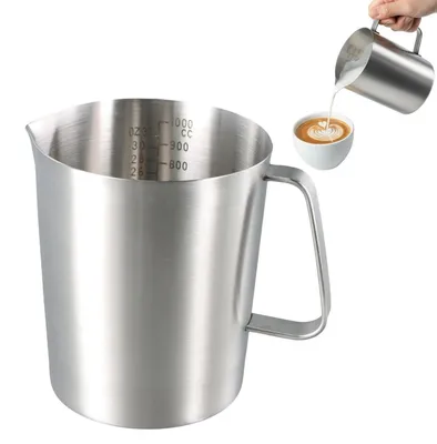 Produktbild von Messbecher Edelstahl 1L mit Feinskala, Rührbecher spülmaschinenfest, Milchkännchen, Litermaß Lebensmittelqualität