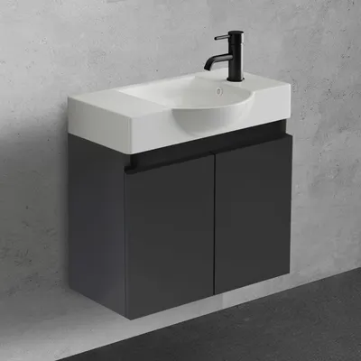 Produktbild von Alpenberger Waschbecken mit Unterschrank 55 cm | Gäste WC Waschtisch hängend vormontiert | Keramik Waschbecken + Softclose Badmöbel Set Schwarz Matt