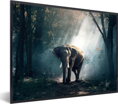 Produktbild von MuchoWow® Gerahmtes Poster Elefant - Tiere - Licht - Wald - Natur - Wildtiere 80x60 cm - Poster mit Schwarzem Bilderrahmen Wandposter Rahmen Foto Bilder - Schwarzem - Mit Gestell