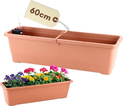 Produktbild von Blumenkasten Balkon Geländer Balkonkasten mit Halterung Blumenkasten Fensterbank Außen Rechteckiger Pflanzkasten mit Wasserspeicher Geländerkasten 60 Terrakotta