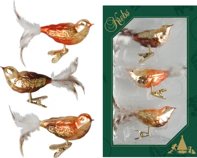 Produktbild von Krebs Glas Lauscha Weihnachtsbaumschmuck 3er Set - Vögel Herbstfarben auf Clip - aus Glas - ca. 11 cm
