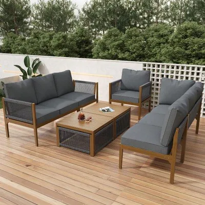 Immagine prodotto di Set da giardino per 7-8 persone, comodo set da giardino con panca, tavolo e cuscini, rivestimento in tessuto sfoderabile e impermeabile, nei colori naturale e grigio.