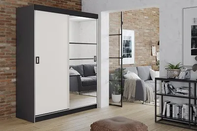 Produktbild von FurMeb24 Schiebetrenschrank RETRO 6-138x200cm Kleiderschrank mit Spiegel, 2-triger Schiebeschrank (Graphit Antrazit  / Weiss + Spiegel und schwarze Beschl€ge)