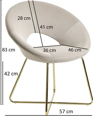 A beige upholstered chair with gold legs, with dimensions indicated by measurement lines and text.