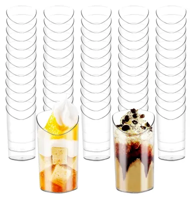 Produktbild von 100 Stück Plastik Dessertgläser, 80ml Schräger Runder Körper, Wiederverwendbare Dessertbecher mit Löffel für Feiern und Veranstaltungen