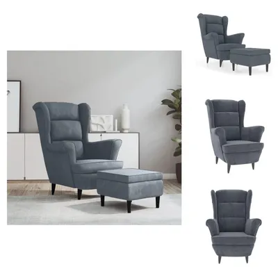 Image de vidaXL Fauteuil à oreilles avec pouf gris foncé velours - fauteuil