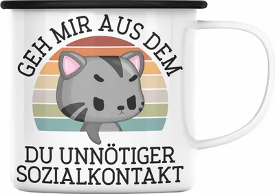Produktbild von Trendation - Lustige Emaille Tasse Geh Mir Aus Dem Weg Du Unnötiger Sozialkontakt Geschenk Katze Witzige Emaille Tasse für Frauen Männer (Schwarz)