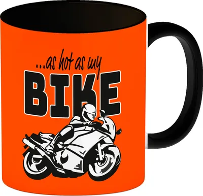 Produktbild von As hot as my Bike Kaffeebecher Schwarz mit coolem Motorradfahrer Motiv in orange