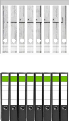 Produktbild von Wallario 8 Stück schmale Ordner inkl. Klebeetiketten mit Motive Graue Holztür -  Set mit Rückenschildern / Ordnerrücken Stickern